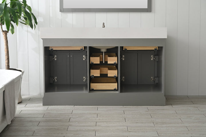 Milano 60" Single Sink Vanity with White Quartz Top - Design Element Bath Kitchen - Bathroom Vanity - Heritage Oak with Matte Black Hardware