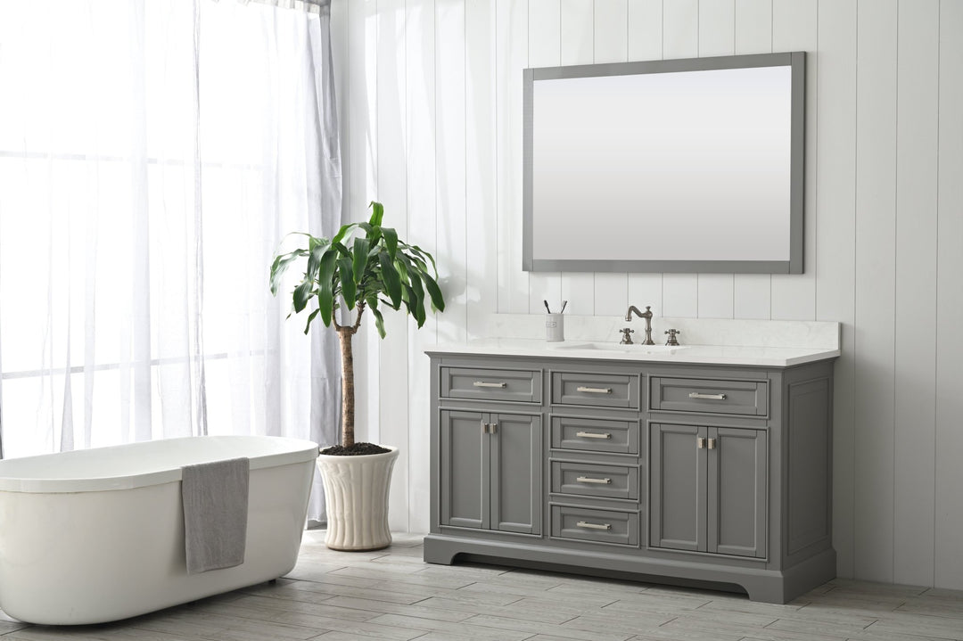 Milano 60" Single Sink Vanity with White Quartz Top - Design Element Bath Kitchen - Bathroom Vanity - Heritage Oak with Matte Black Hardware