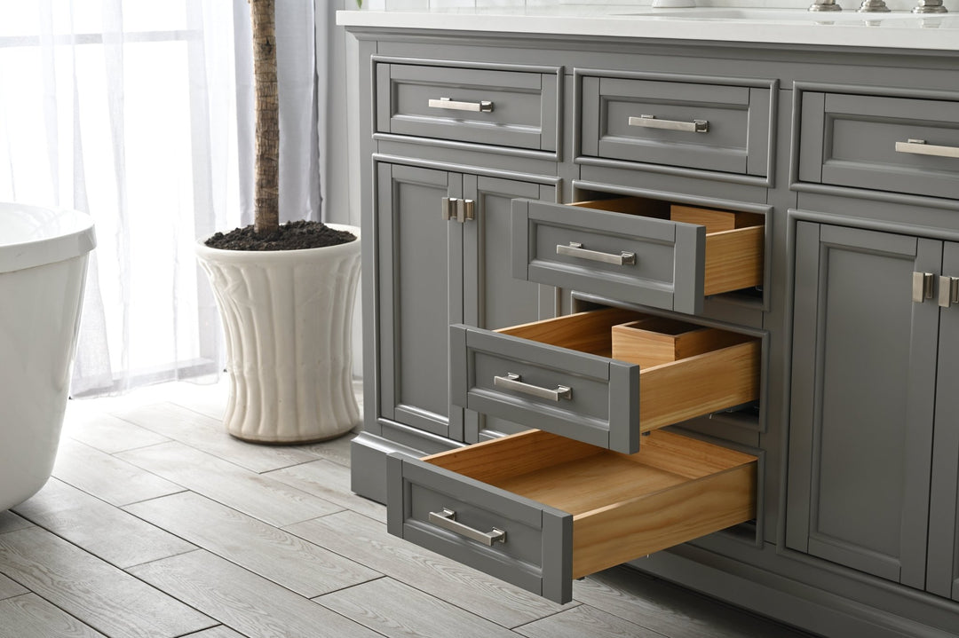 Milano 60" Single Sink Vanity with White Quartz Top - Design Element Bath Kitchen - Bathroom Vanity - Heritage Oak with Matte Black Hardware