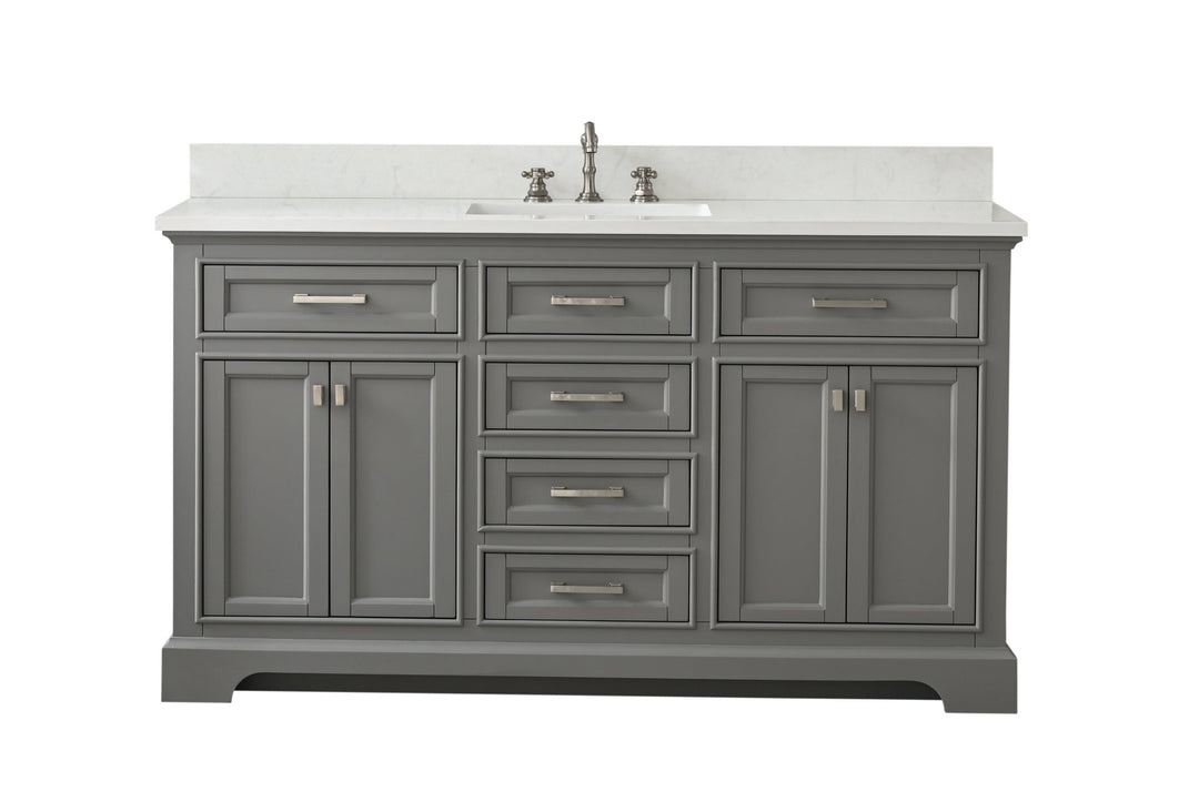 Milano 60" Single Sink Vanity with White Quartz Top - Design Element Bath Kitchen - Bathroom Vanity - Heritage Oak with Matte Black Hardware