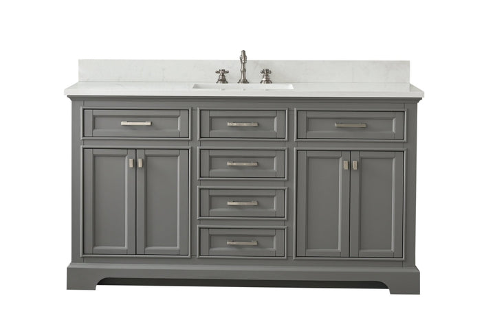 Milano 60" Single Sink Vanity with White Quartz Top - Design Element Bath Kitchen - Bathroom Vanity - Heritage Oak with Matte Black Hardware