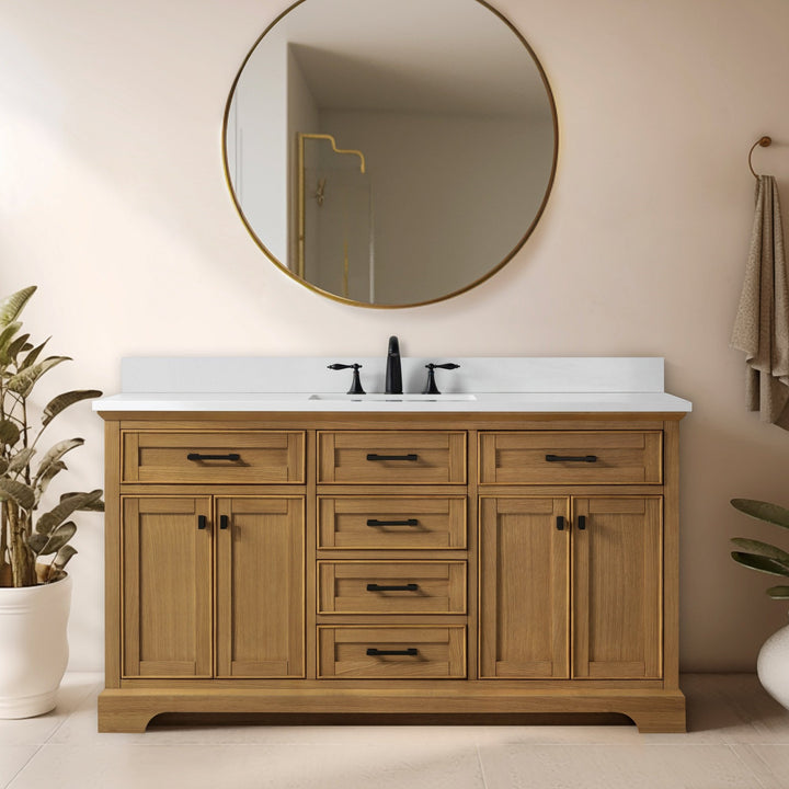 Milano 60" Single Sink Vanity with White Quartz Top - Design Element Bath Kitchen - Bathroom Vanity - Heritage Oak with Matte Black Hardware