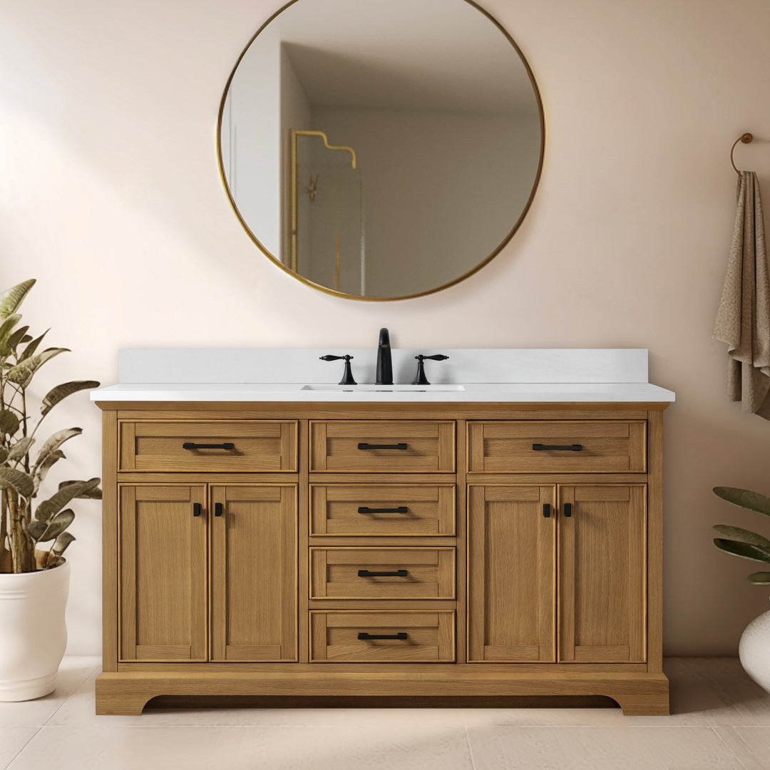 Milano 60" Single Sink Vanity with White Quartz Top - Design Element Bath Kitchen - Bathroom Vanity - Heritage Oak with Matte Black Hardware