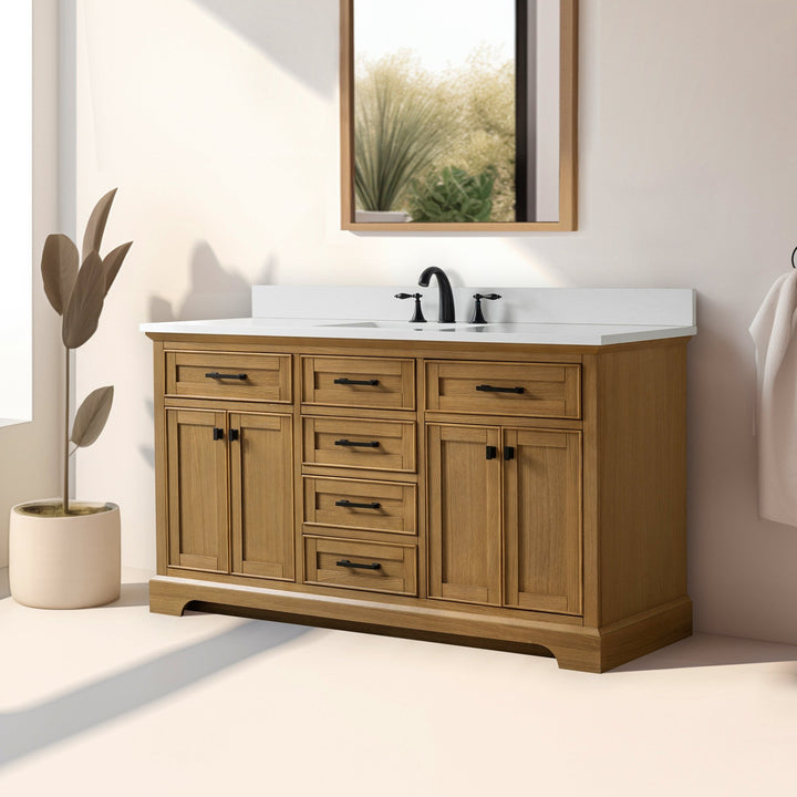 Milano 60" Single Sink Vanity with White Quartz Top - Design Element Bath Kitchen - Bathroom Vanity - Heritage Oak with Matte Black Hardware