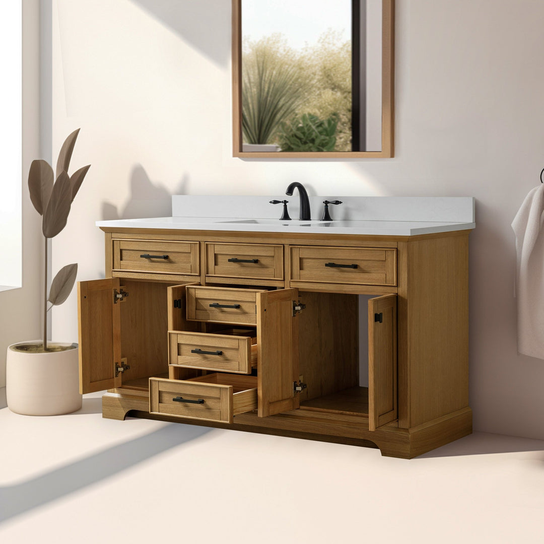 Milano 60" Single Sink Vanity with White Quartz Top - Design Element Bath Kitchen - Bathroom Vanity - Heritage Oak with Matte Black Hardware