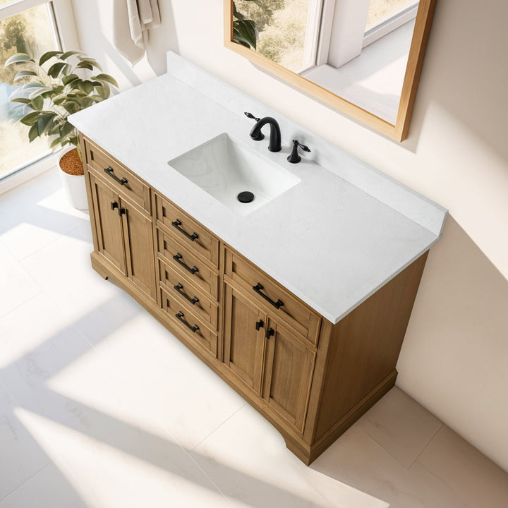 Milano 60" Single Sink Vanity with White Quartz Top - Design Element Bath Kitchen - Bathroom Vanity - Heritage Oak with Matte Black Hardware