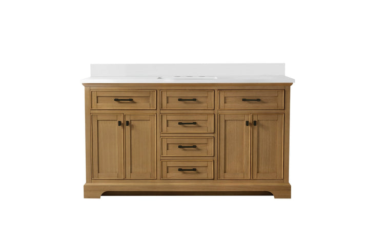 Milano 60" Single Sink Vanity with White Quartz Top - Design Element Bath Kitchen - Bathroom Vanity - Heritage Oak with Matte Black Hardware