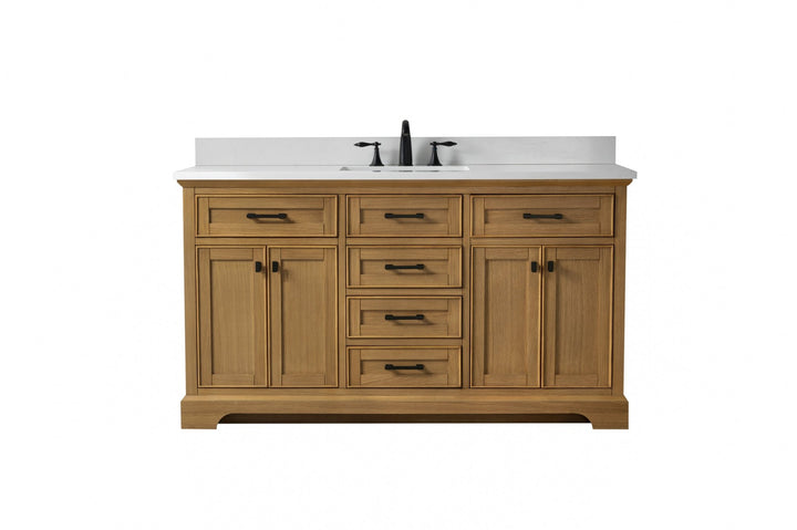 Milano 60" Single Sink Vanity with White Quartz Top - Design Element Bath Kitchen - Bathroom Vanity - Heritage Oak with Matte Black Hardware