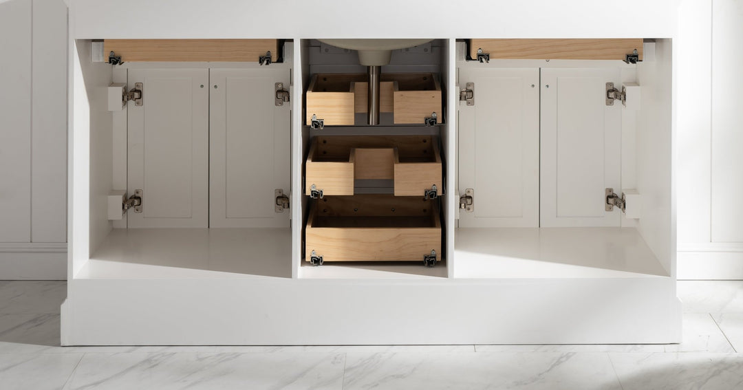 Milano 60" Single Sink Vanity with White Quartz Top - Design Element Bath Kitchen - Bathroom Vanity - Heritage Oak with Matte Black Hardware