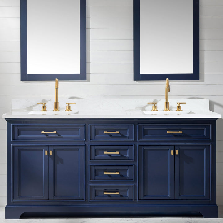 Milano 72" Double Sink Vanity with White Quartz Top - Design Element Bath Kitchen - Bathroom Vanity - Navy with Satin Gold Hardware