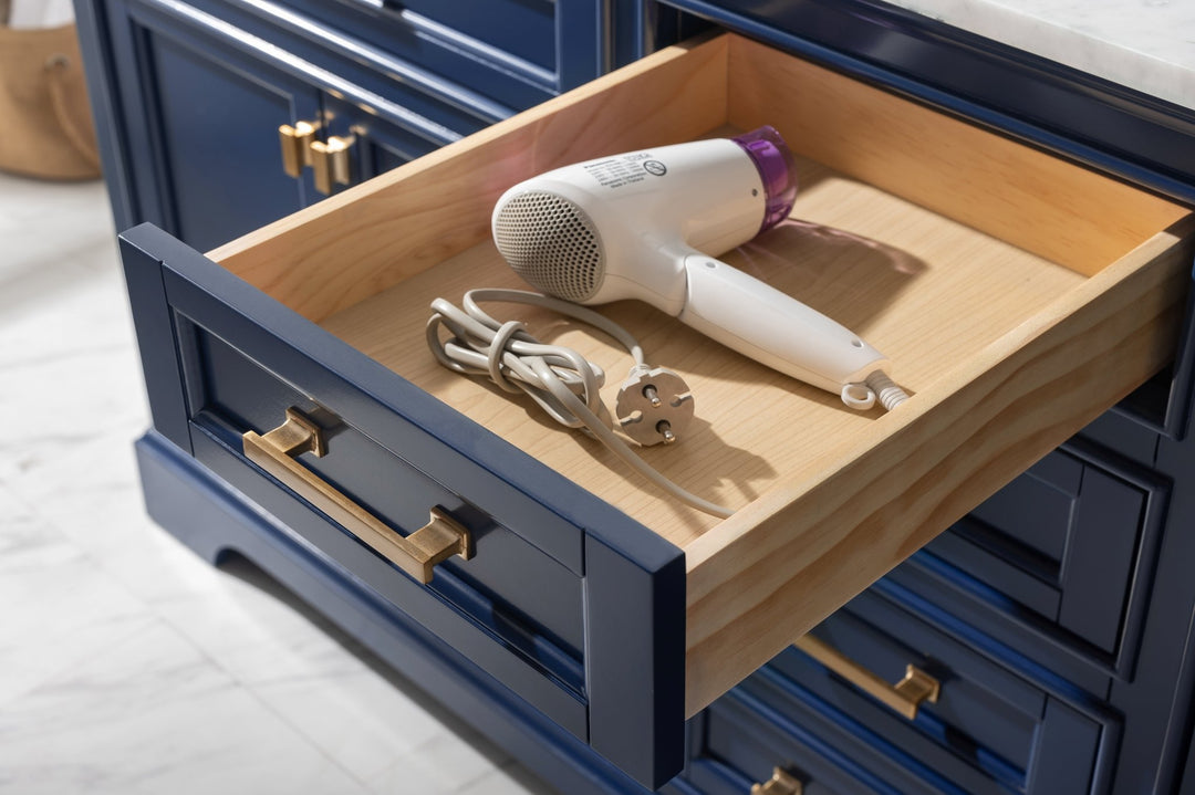 Milano 72" Double Sink Vanity with White Quartz Top - Design Element Bath Kitchen - Bathroom Vanity - Navy with Satin Gold Hardware