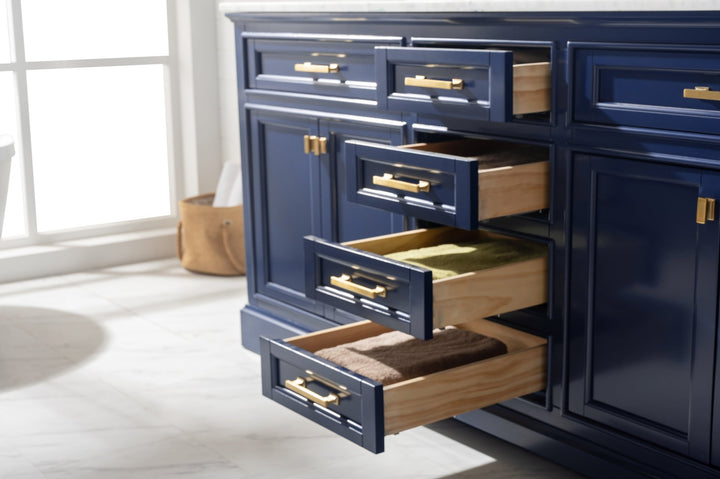 Milano 72" Double Sink Vanity with White Quartz Top - Design Element Bath Kitchen - Bathroom Vanity - Navy with Satin Gold Hardware