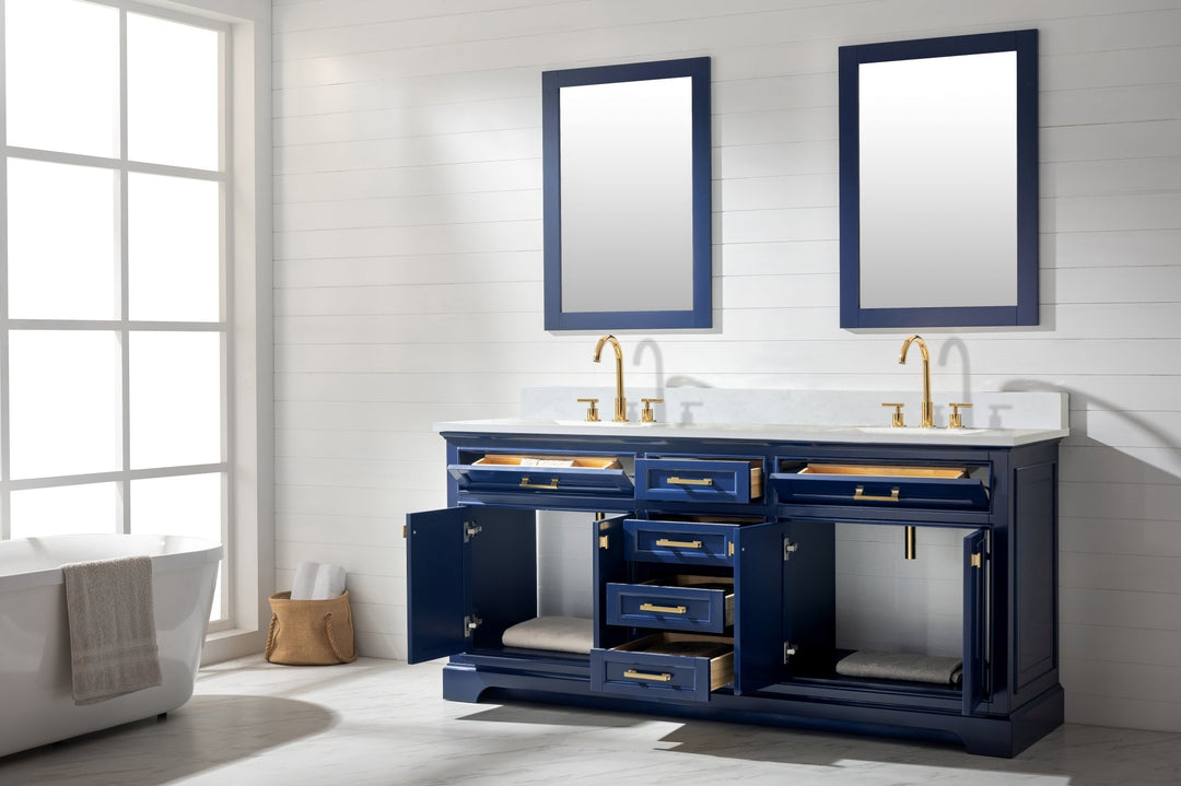 Milano 72" Double Sink Vanity with White Quartz Top - Design Element Bath Kitchen - Bathroom Vanity - Navy with Satin Gold Hardware