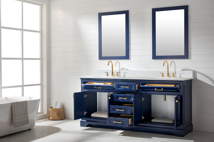 Milano 72" Double Sink Vanity with White Quartz Top - Design Element Bath Kitchen - Bathroom Vanity - Navy with Satin Gold Hardware