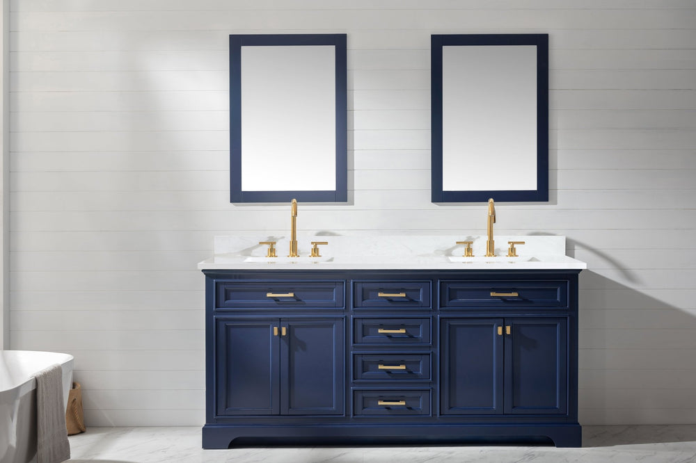 Milano 72" Double Sink Vanity with White Quartz Top - Design Element Bath Kitchen - Bathroom Vanity - Navy with Satin Gold Hardware