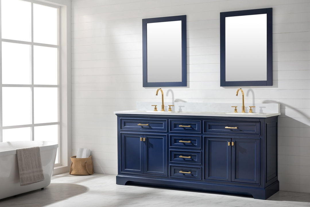 Milano 72" Double Sink Vanity with White Quartz Top - Design Element Bath Kitchen - Bathroom Vanity - Navy with Satin Gold Hardware