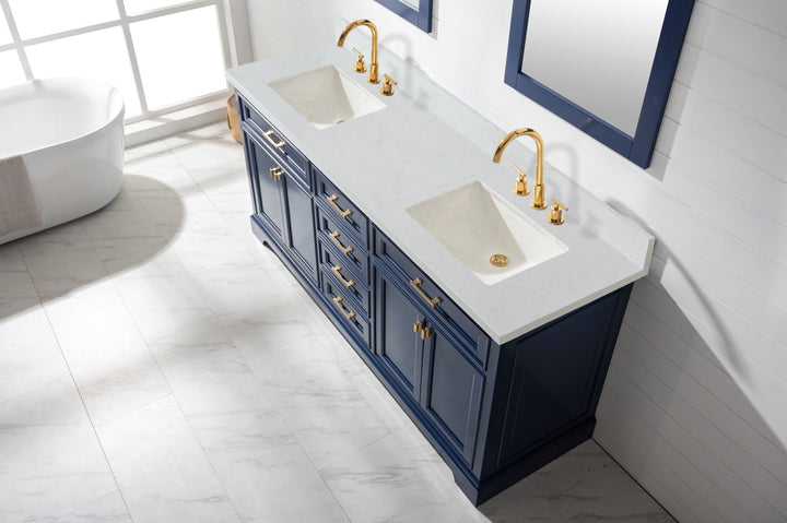 Milano 72" Double Sink Vanity with White Quartz Top - Design Element Bath Kitchen - Bathroom Vanity - Navy with Satin Gold Hardware