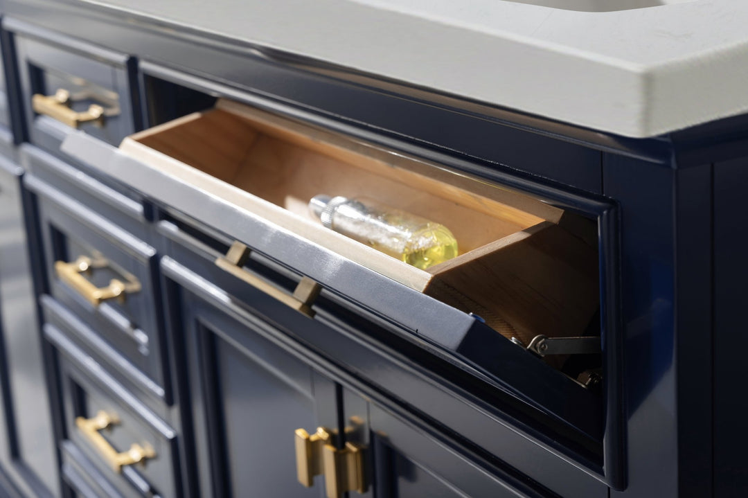 Milano 72" Double Sink Vanity with White Quartz Top - Design Element Bath Kitchen - Bathroom Vanity - Navy with Satin Gold Hardware