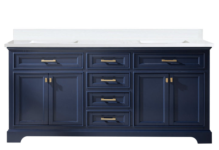 Milano 72" Double Sink Vanity with White Quartz Top - Design Element Bath Kitchen - Bathroom Vanity - Navy with Satin Gold Hardware