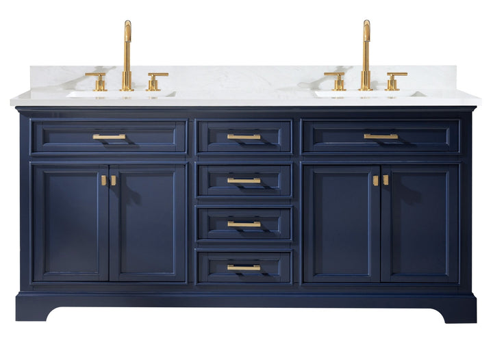 Milano 72" Double Sink Vanity with White Quartz Top - Design Element Bath Kitchen - Bathroom Vanity - Navy with Satin Gold Hardware