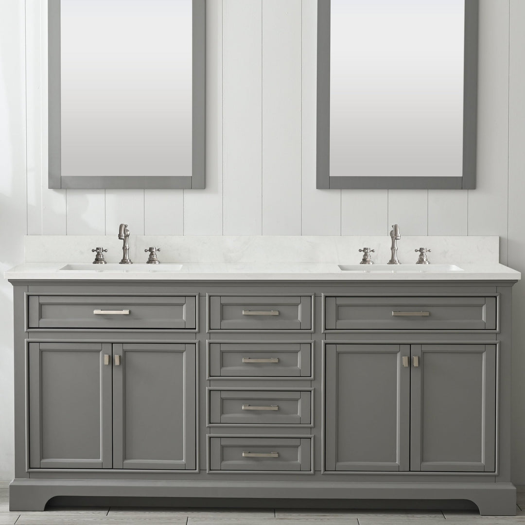 Milano 72" Double Sink Vanity with White Quartz Top - Design Element Bath Kitchen - Bathroom Vanity - Navy with Satin Gold Hardware