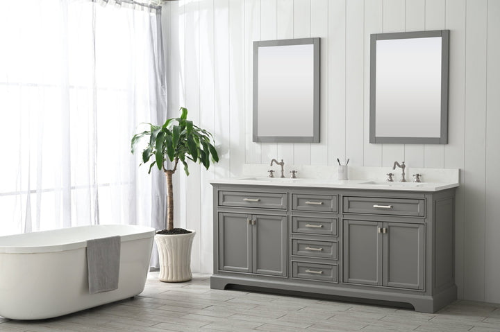 Milano 72" Double Sink Vanity with White Quartz Top - Design Element Bath Kitchen - Bathroom Vanity - Navy with Satin Gold Hardware