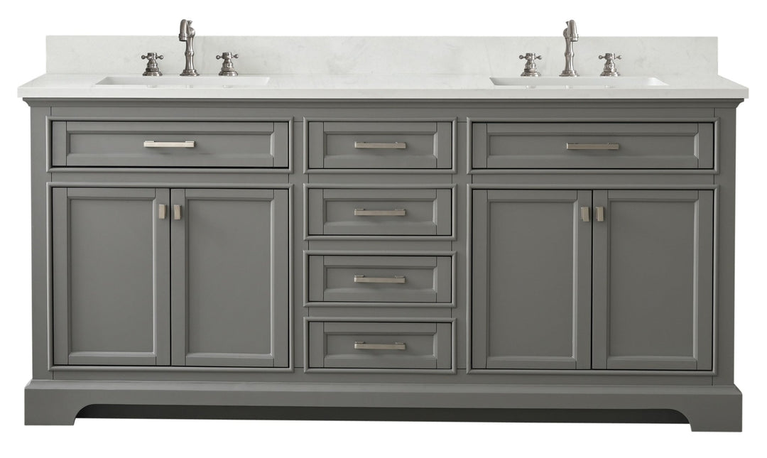 Milano 72" Double Sink Vanity with White Quartz Top - Design Element Bath Kitchen - Bathroom Vanity - Navy with Satin Gold Hardware