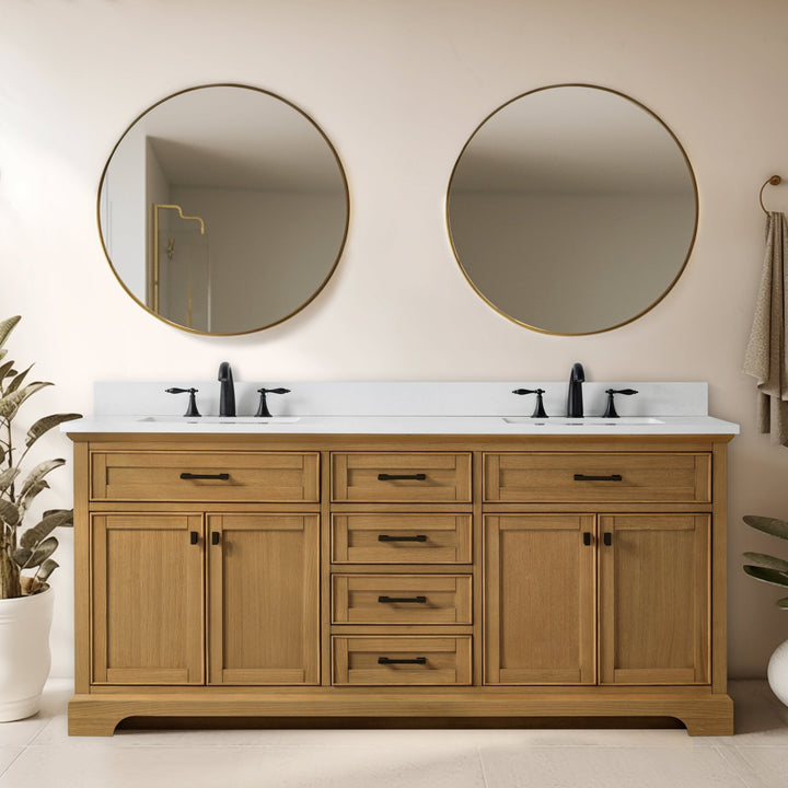 Milano 72" Double Sink Vanity with White Quartz Top - Design Element Bath Kitchen - Bathroom Vanity - Navy with Satin Gold Hardware