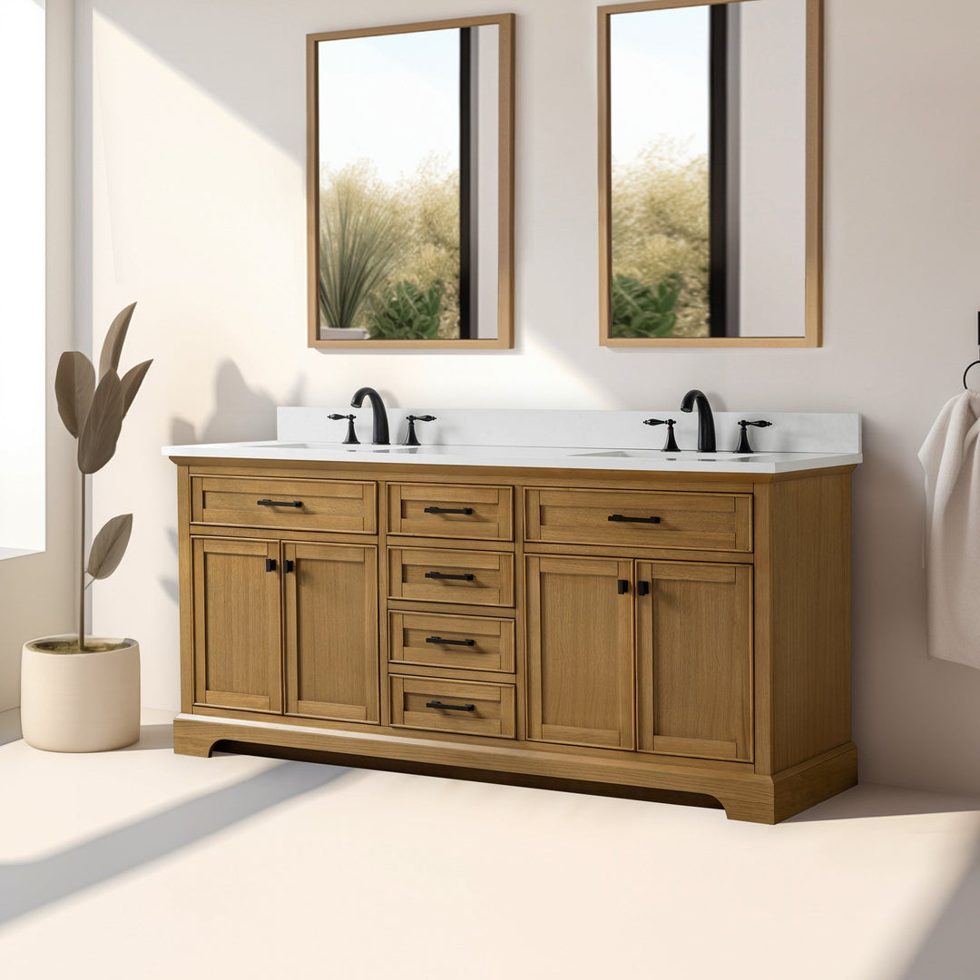 Milano 72" Double Sink Vanity with White Quartz Top - Design Element Bath Kitchen - Bathroom Vanity - Navy with Satin Gold Hardware