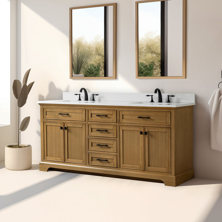 Milano 72" Double Sink Vanity with White Quartz Top - Design Element Bath Kitchen - Bathroom Vanity - Navy with Satin Gold Hardware