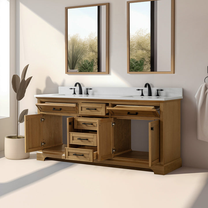 Milano 72" Double Sink Vanity with White Quartz Top - Design Element Bath Kitchen - Bathroom Vanity - Navy with Satin Gold Hardware