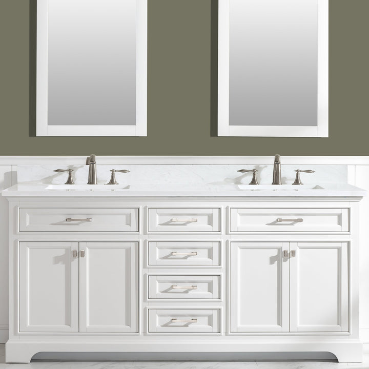 Milano 72" Double Sink Vanity with White Quartz Top - Design Element Bath Kitchen - Bathroom Vanity - Navy with Satin Gold Hardware