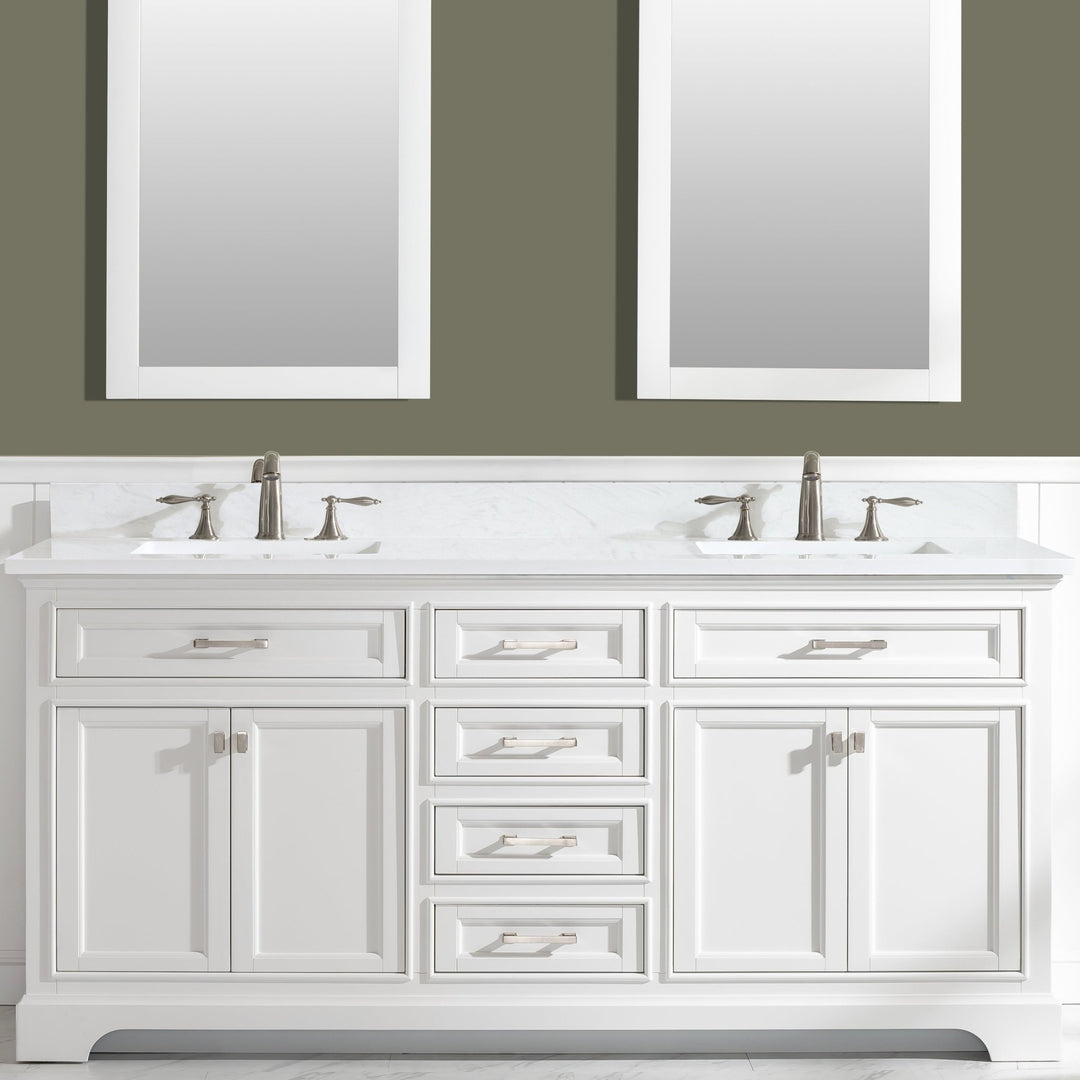 Milano 72" Double Sink Vanity with White Quartz Top - Design Element Bath Kitchen - Bathroom Vanity - White with Silver Satin Hardware