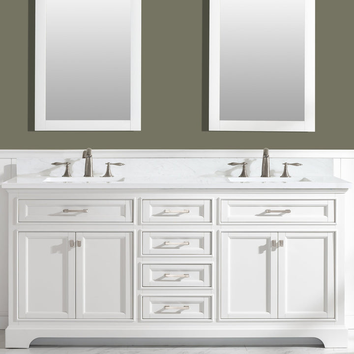 Milano 72" Double Sink Vanity with White Quartz Top - Design Element Bath Kitchen - Bathroom Vanity - White with Silver Satin Hardware