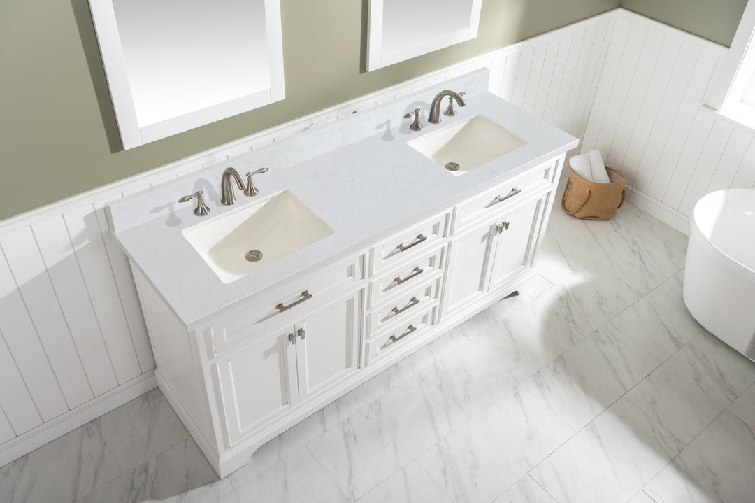 Milano 72" Double Sink Vanity with White Quartz Top - Design Element Bath Kitchen - Bathroom Vanity - Navy with Satin Gold Hardware