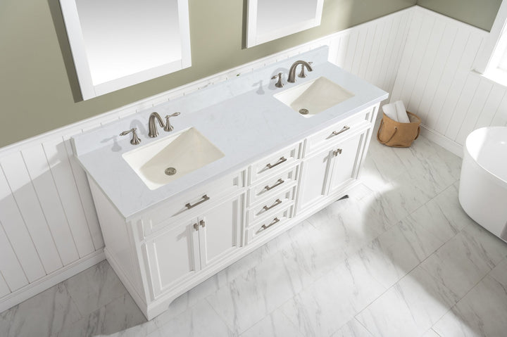 Milano 72" Double Sink Vanity with White Quartz Top - Design Element Bath Kitchen - Bathroom Vanity - Navy with Satin Gold Hardware