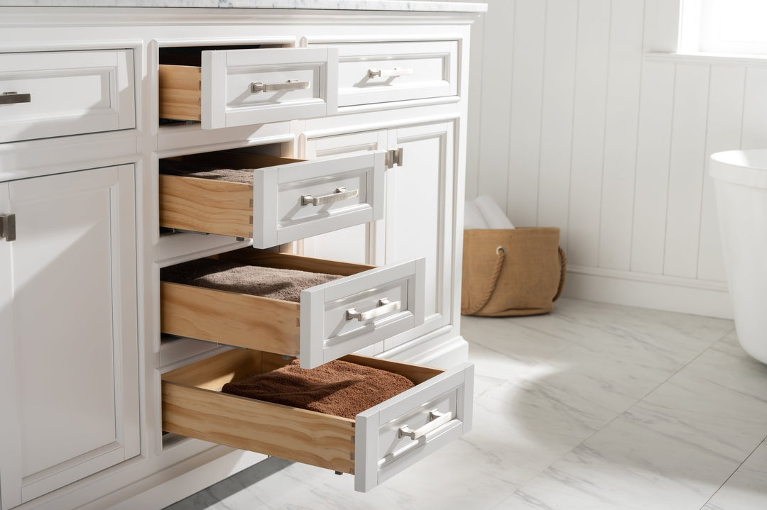 Milano 72" Double Sink Vanity with White Quartz Top - Design Element Bath Kitchen - Bathroom Vanity - Navy with Satin Gold Hardware