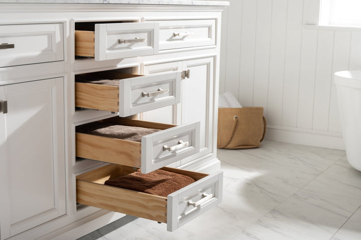 Milano 72" Double Sink Vanity with White Quartz Top - Design Element Bath Kitchen - Bathroom Vanity - Navy with Satin Gold Hardware