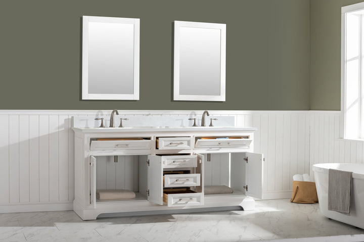 Milano 72" Double Sink Vanity with White Quartz Top - Design Element Bath Kitchen - Bathroom Vanity - Navy with Satin Gold Hardware