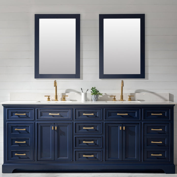 Milano 84" Double Sink Vanity with White Quartz Top - Design Element Bath Kitchen - Bathroom Vanity - Navy with Satin Gold Hardware