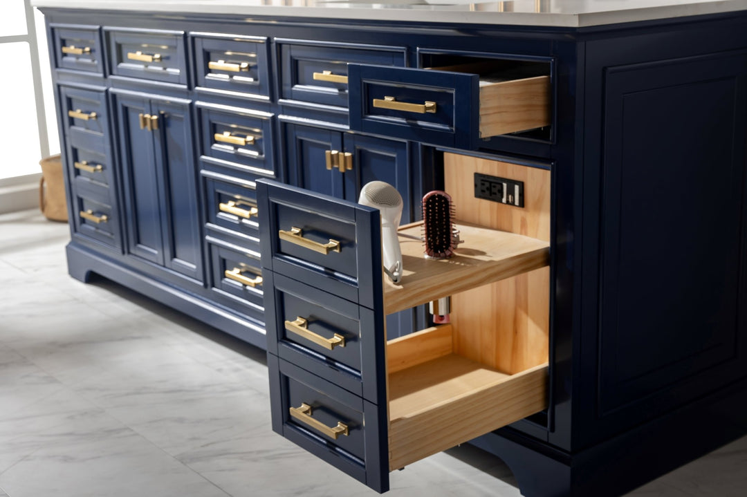 Milano 84" Double Sink Vanity with White Quartz Top - Design Element Bath Kitchen - Bathroom Vanity - Navy with Satin Gold Hardware