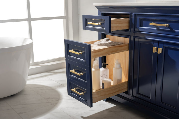 Milano 84" Double Sink Vanity with White Quartz Top - Design Element Bath Kitchen - Bathroom Vanity - Navy with Satin Gold Hardware