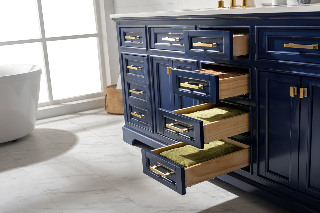 Milano 84" Double Sink Vanity with White Quartz Top - Design Element Bath Kitchen - Bathroom Vanity - Navy with Satin Gold Hardware