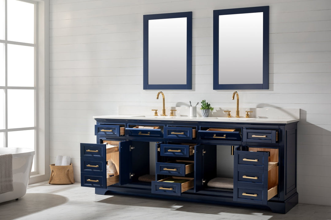Milano 84" Double Sink Vanity with White Quartz Top - Design Element Bath Kitchen - Bathroom Vanity - Navy with Satin Gold Hardware