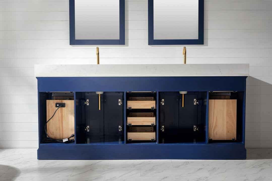 Milano 84" Double Sink Vanity with White Quartz Top - Design Element Bath Kitchen - Bathroom Vanity - Navy with Satin Gold Hardware