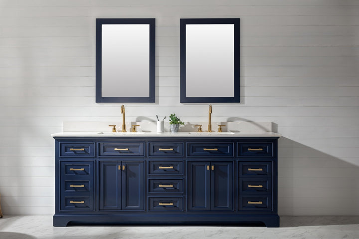 Milano 84" Double Sink Vanity with White Quartz Top - Design Element Bath Kitchen - Bathroom Vanity - Navy with Satin Gold Hardware