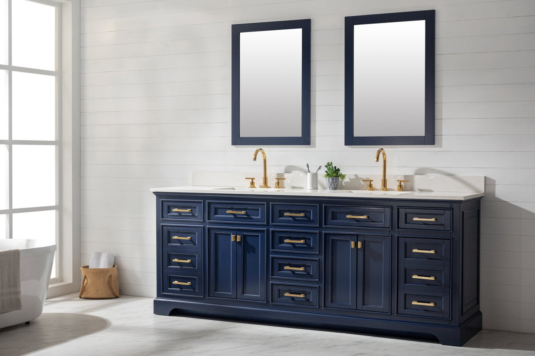 Milano 84" Double Sink Vanity with White Quartz Top - Design Element Bath Kitchen - Bathroom Vanity - Navy with Satin Gold Hardware