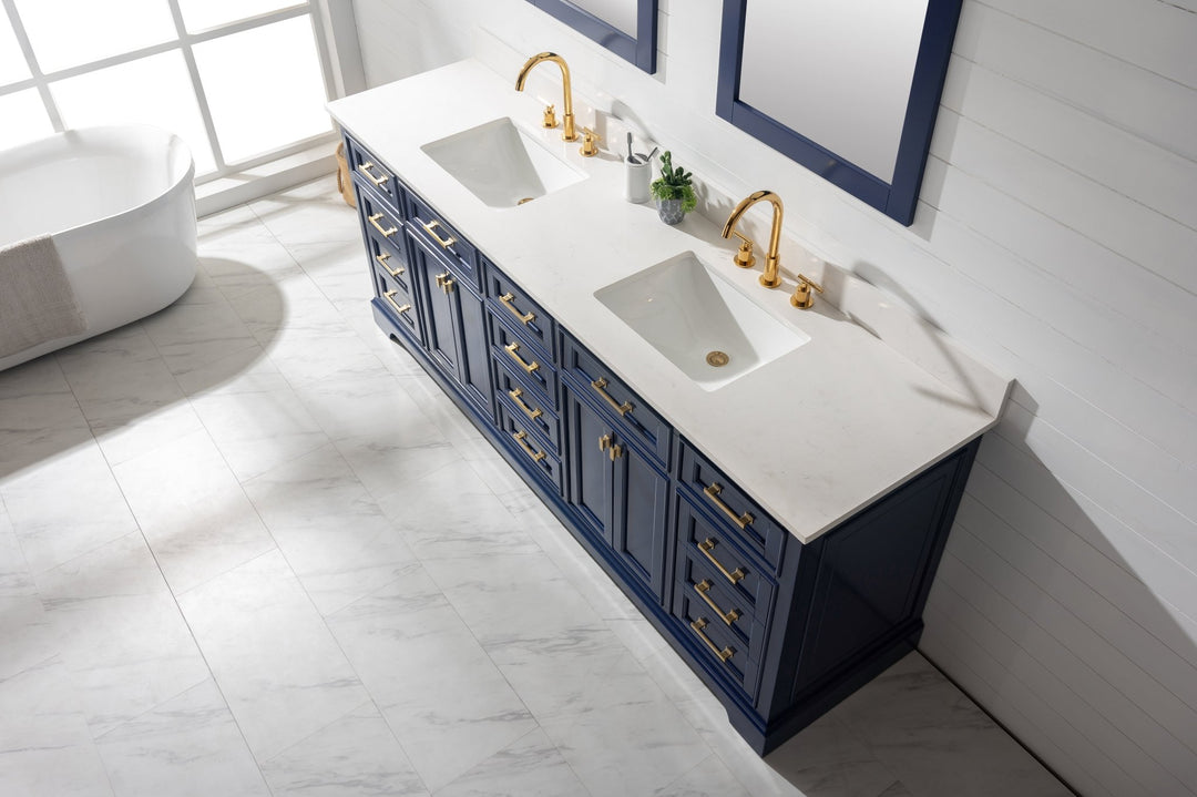 Milano 84" Double Sink Vanity with White Quartz Top - Design Element Bath Kitchen - Bathroom Vanity - Navy with Satin Gold Hardware