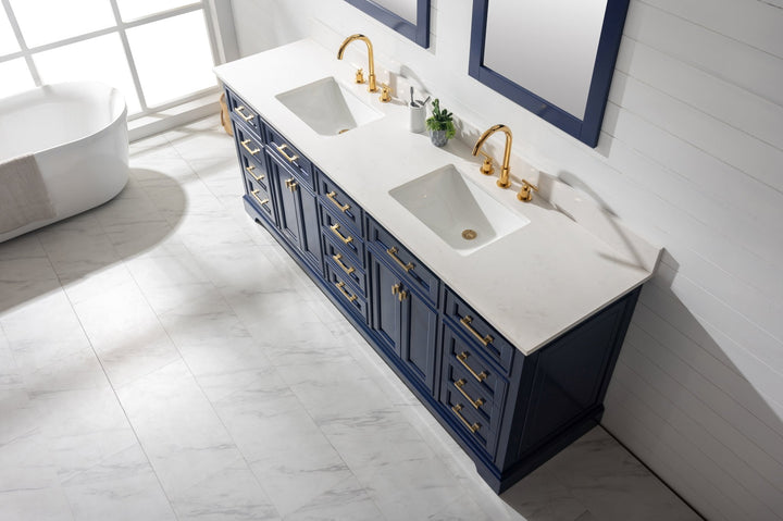 Milano 84" Double Sink Vanity with White Quartz Top - Design Element Bath Kitchen - Bathroom Vanity - Navy with Satin Gold Hardware