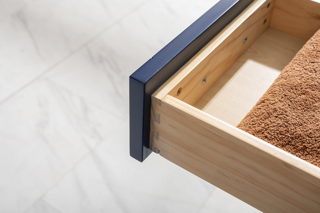 Milano 84" Double Sink Vanity with White Quartz Top - Design Element Bath Kitchen - Bathroom Vanity - Navy with Satin Gold Hardware